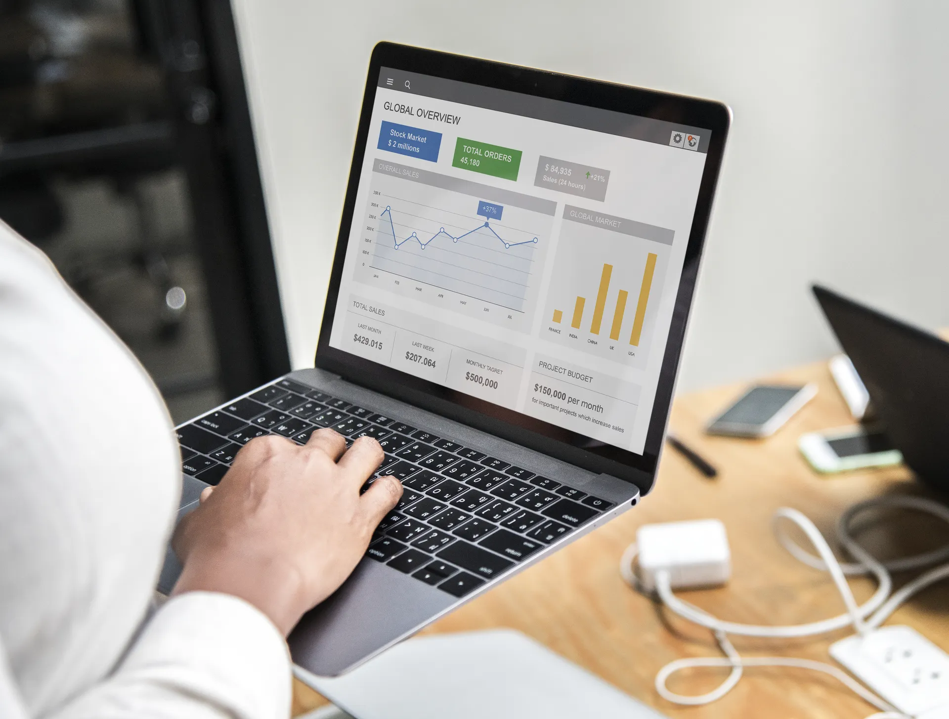 A business owner analyzing website conversion analytics on a laptop dashboard.